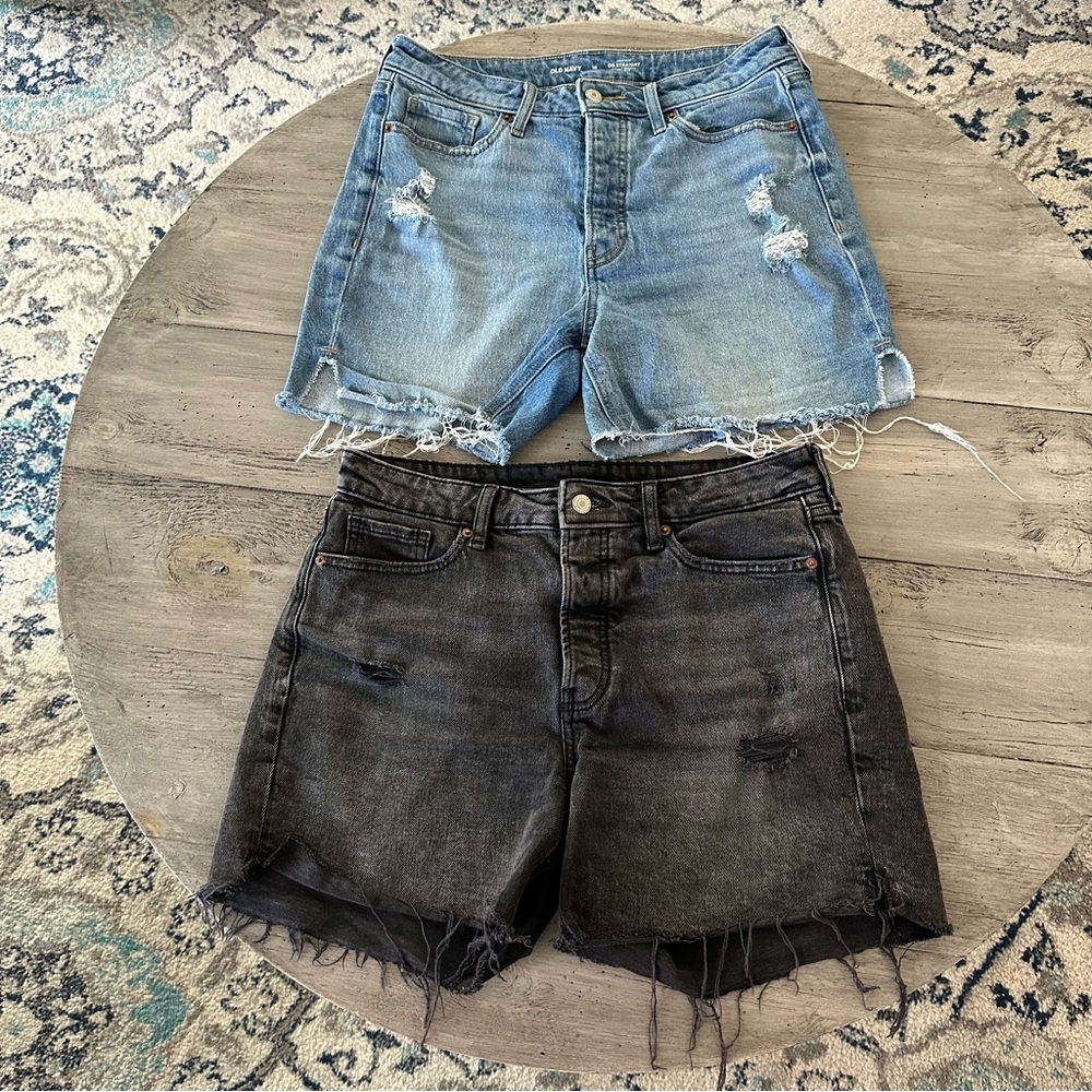 2 Old Navy Jean Shorts Blue and Black Distressed Cut-Offs